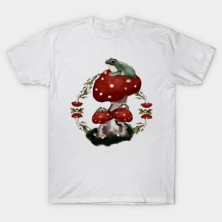 Watercolor Frog Friends on Red Button Mushrooms T-Shirt